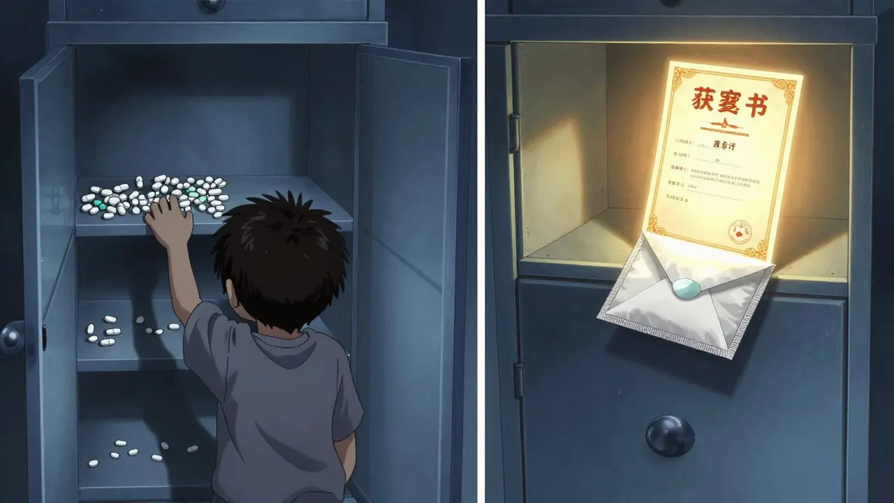 Split scene: a child reaching for pills vs. an empty cabinet with a sealed envelope and glowing destruction certificate.