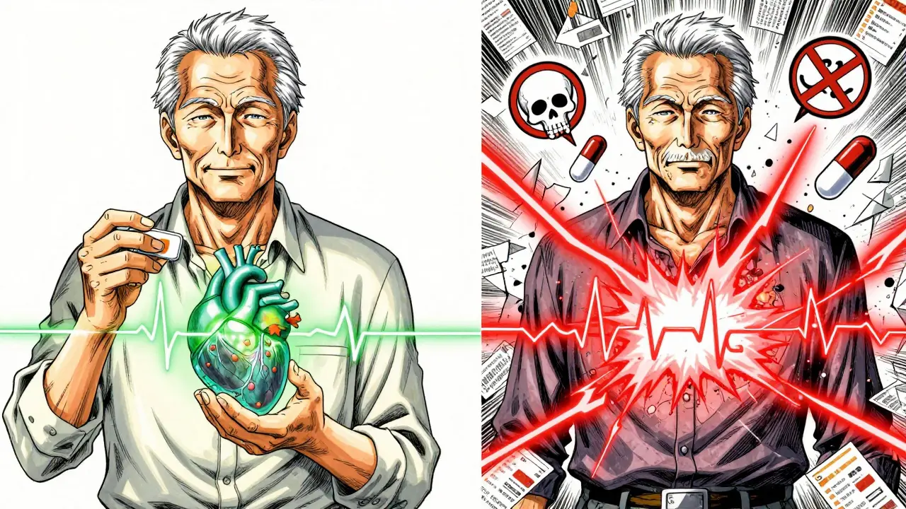 Split scene: calm heart rhythm vs. violent cardiac arrhythmia triggered by thyroid medication overdose.