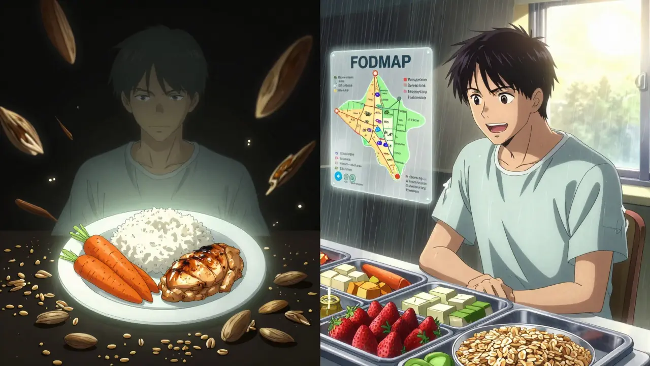 Split scene: one side shows restricted low-residue foods, other side shows diverse safe foods with glowing FODMAP map.