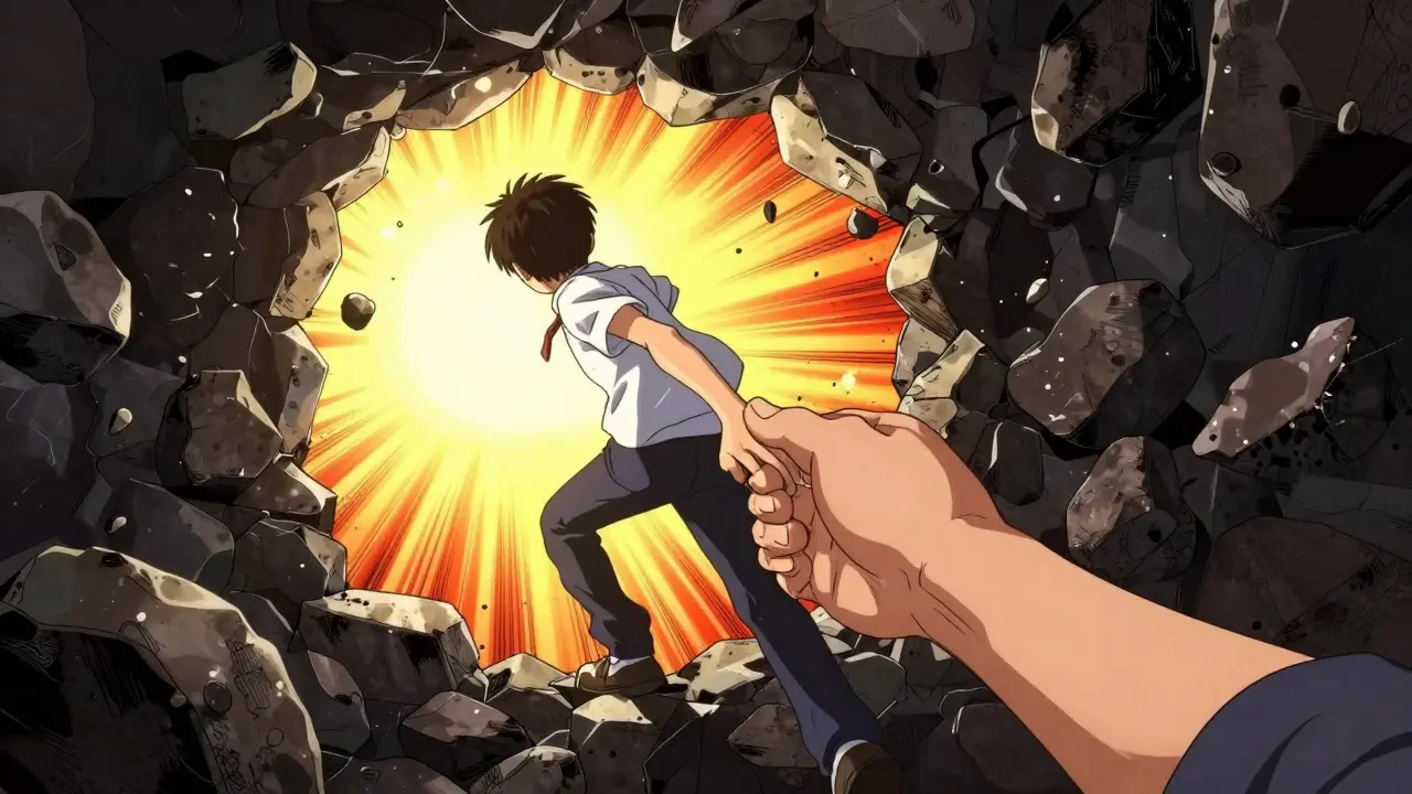 Teen stepping into sunlight breaking through dark rock barriers