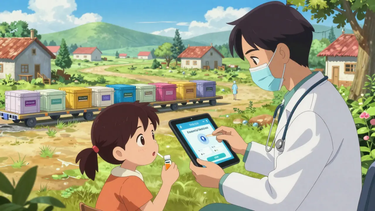 A healthcare worker using a digital app to treat a child in a remote clinic.