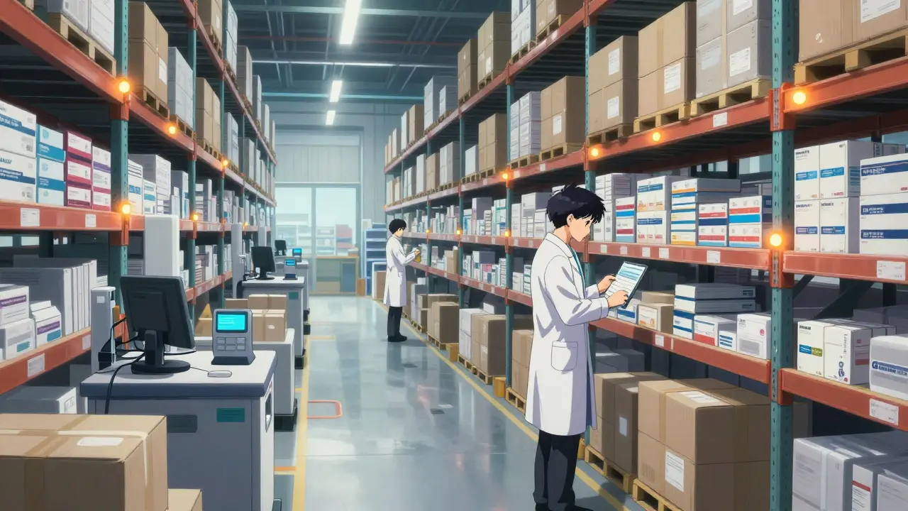 A high-tech pharmaceutical warehouse with automated shipping systems in Boichi anime style.