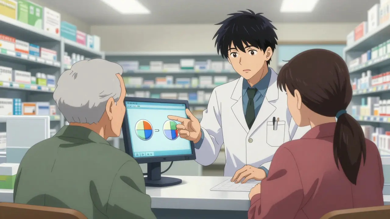 A pharmacist explaining the difference between generic and brand-name medications to a patient.