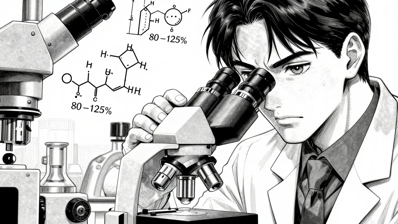 A scientist analyzing generic pills with complex chemical formulas in a high-tech lab.