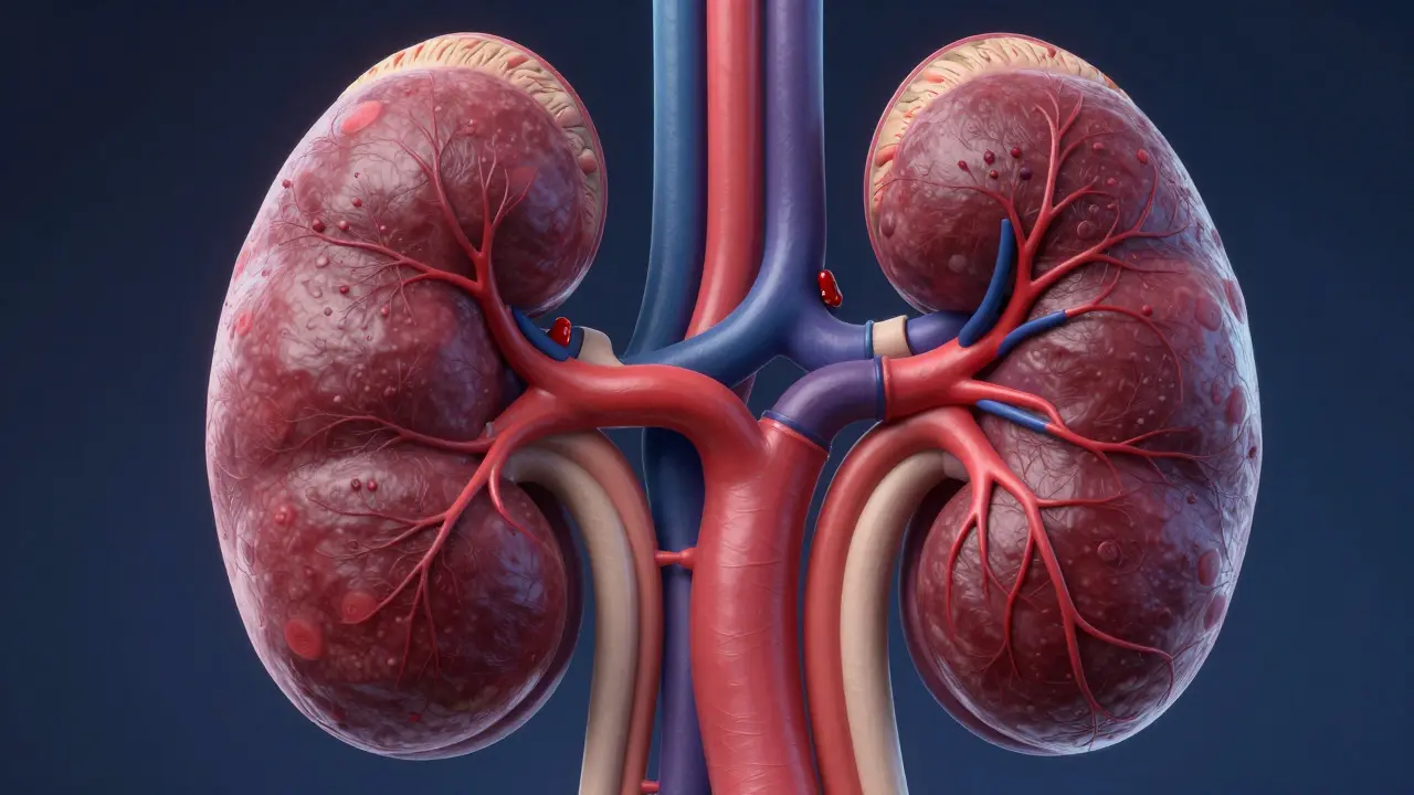 An anatomical anime illustration of a kidney with constricted blood vessels.