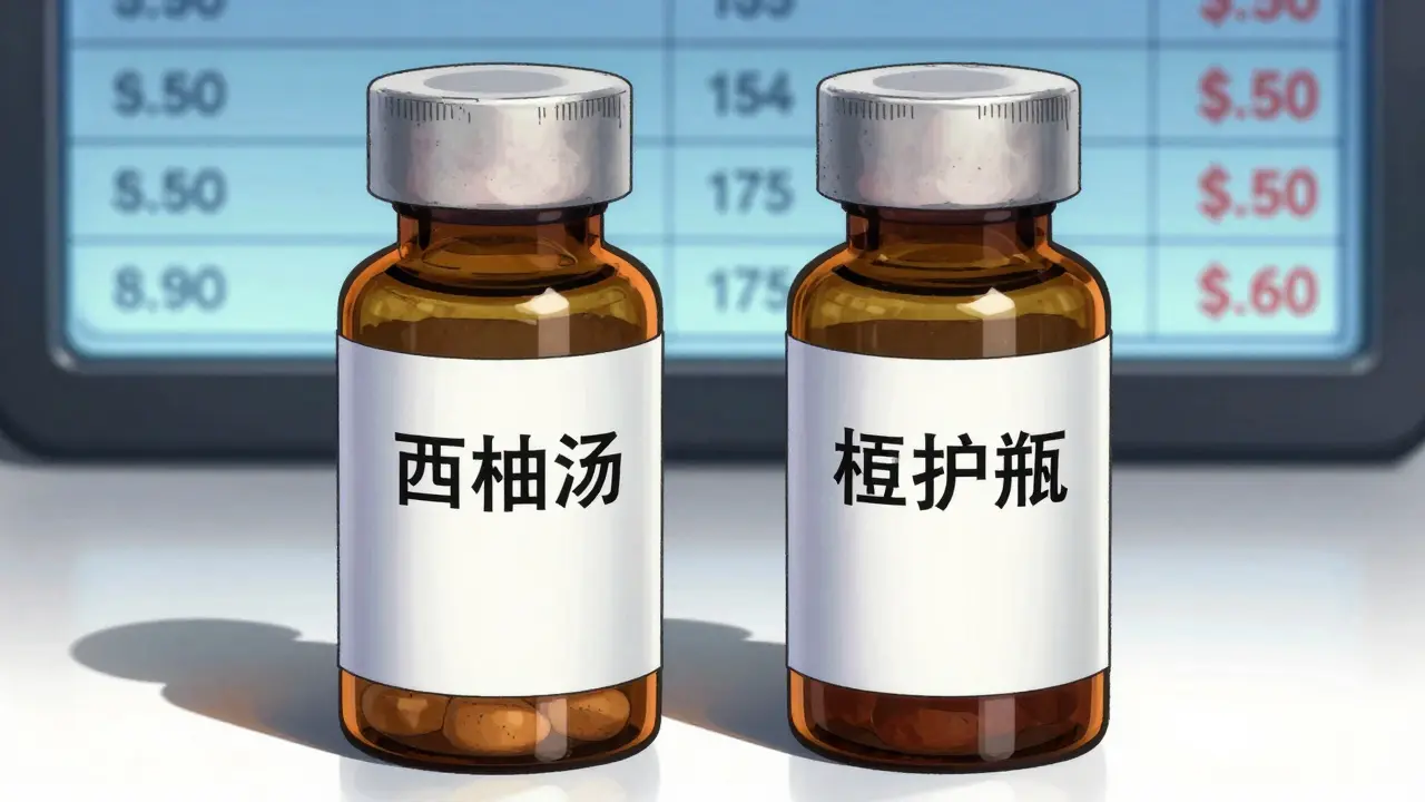 Close-up of brand name and generic medication bottles with price comparisons in Boichi manga style.