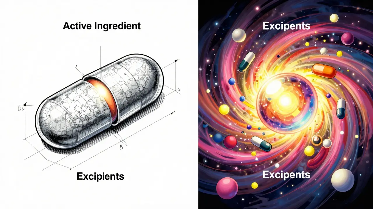 Conceptual art showing the active core of a pill surrounded by colorful inactive filler ingredients.