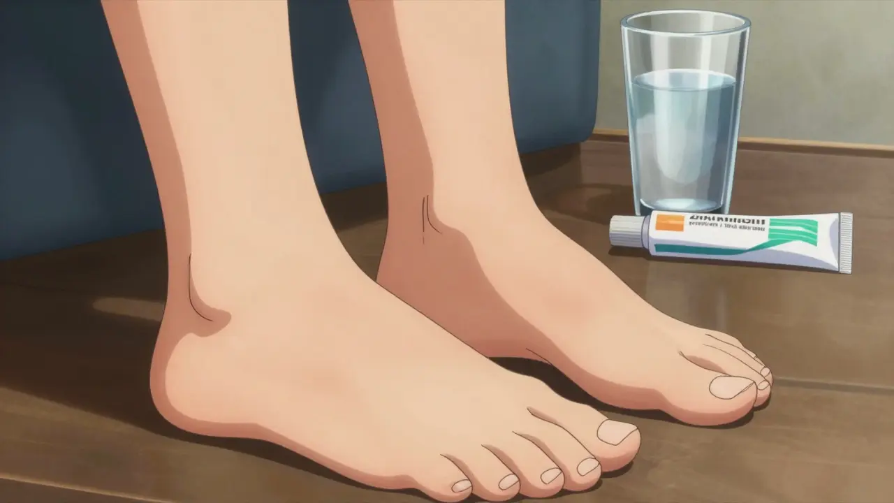 Detailed anime depiction of swollen ankles and preventative healthcare items.
