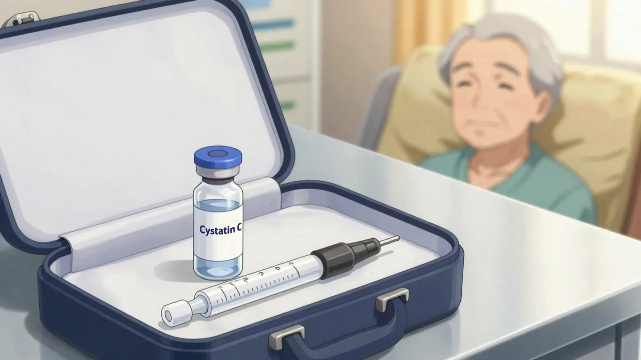 Detailed medical equipment including a Cystatin C test vial to ensure safe senior medication dosing.