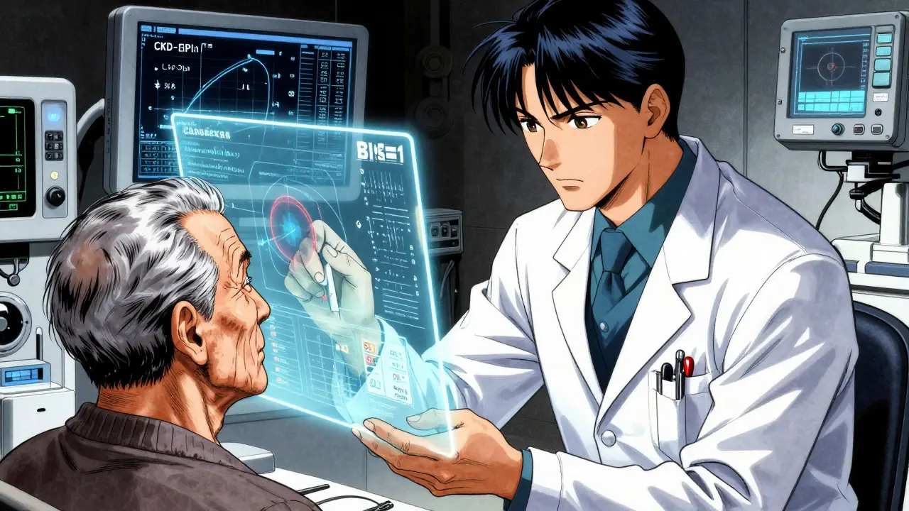 Doctor analyzing kidney function equations and patient muscle mass in a high-tech clinic.