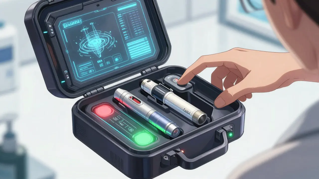 Futuristic smart medical kit with glowing indicators and high-tech drug injectors.