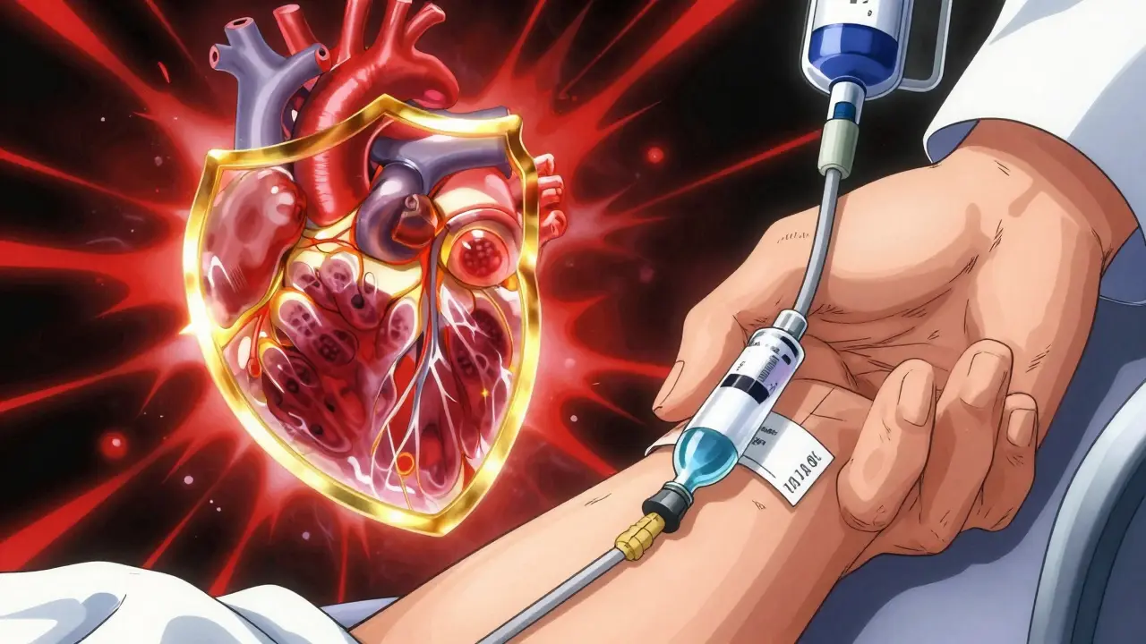 Medical professional administering an IV with a golden protective shield over heart cells.