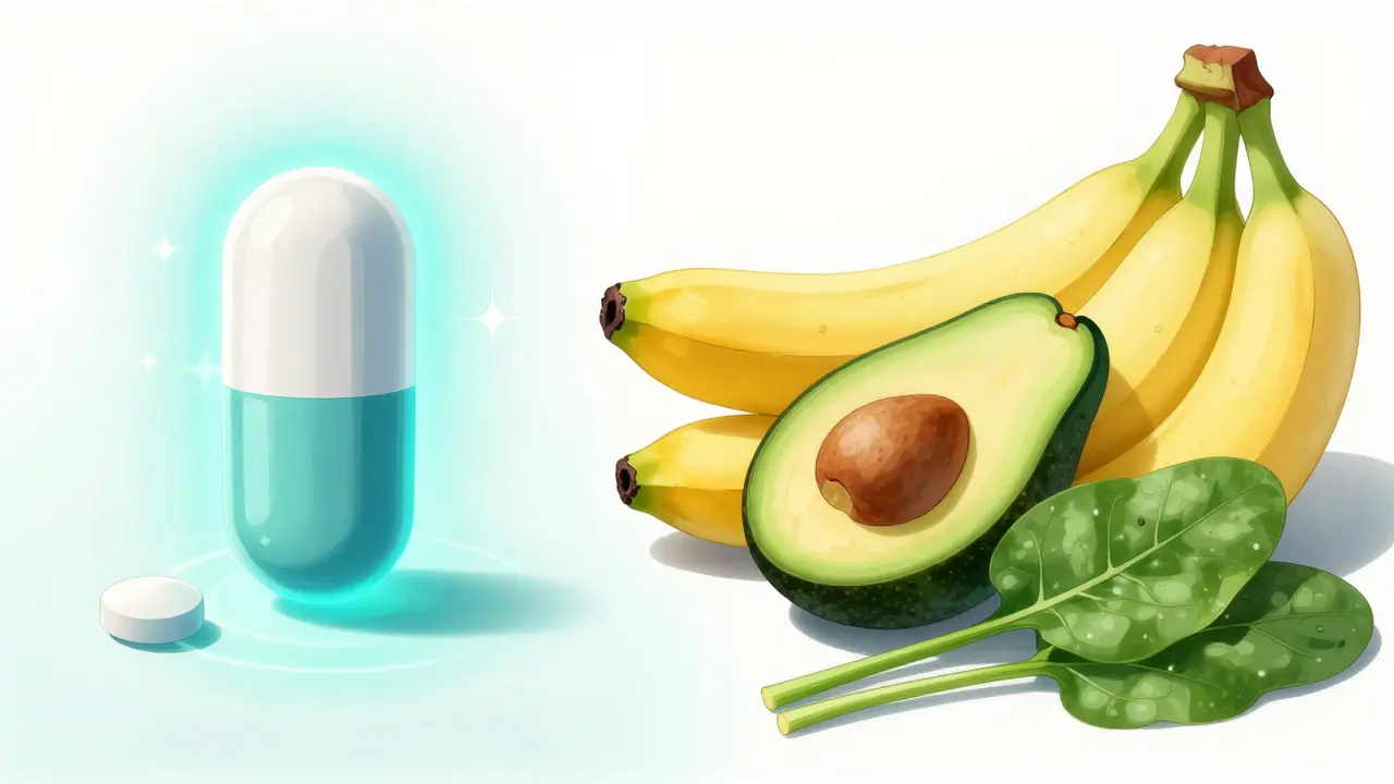 Split view of heart medication and high-potassium foods like bananas and avocados.