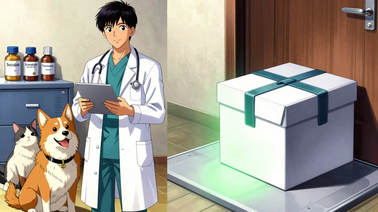 Anime illustration contrasting vet care for pets with convenient home delivery of medicine.