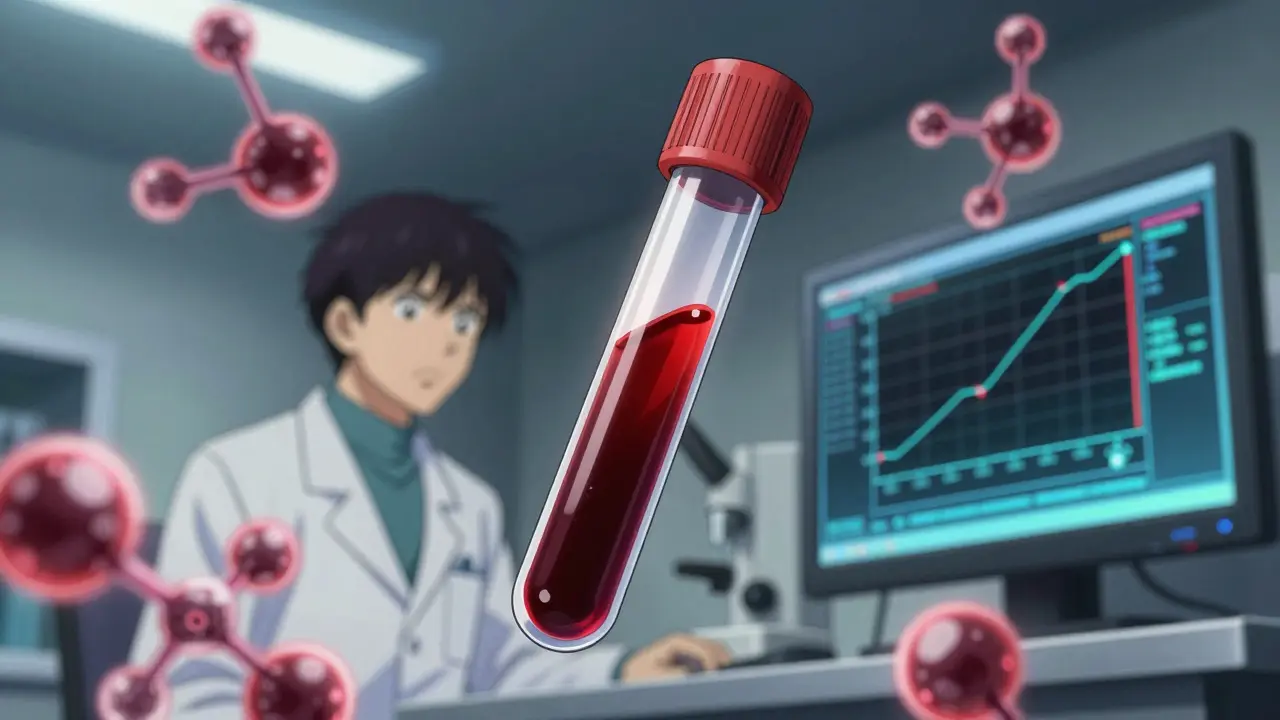 Blood test tube with enzyme molecules in lab
