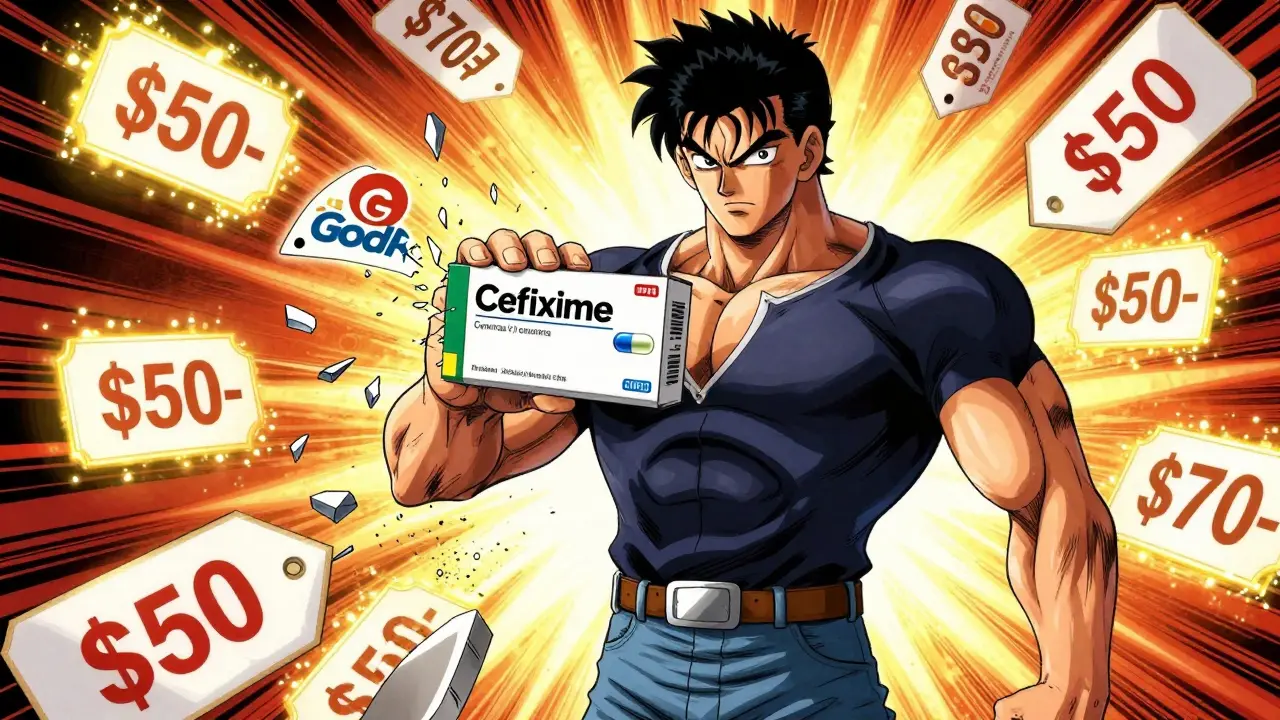 Boichi style art of a person saving money on generic cefixime using pharmacy coupons.