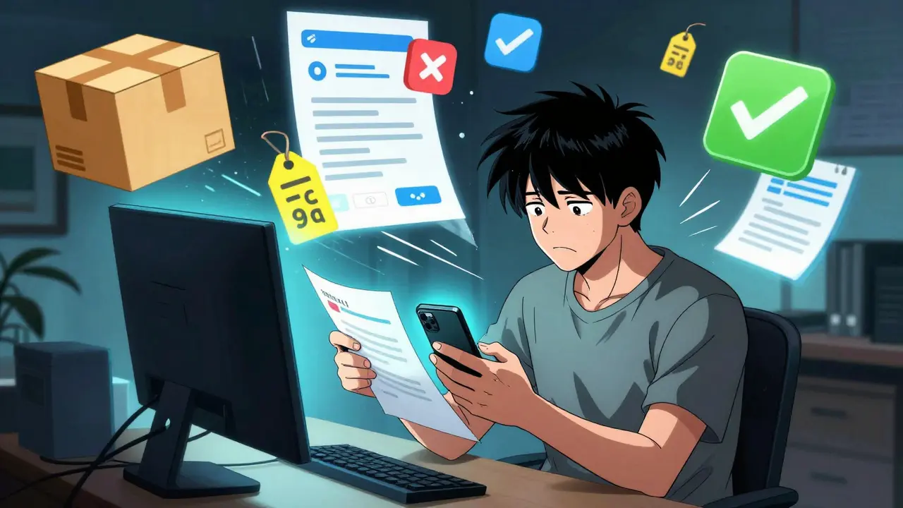 Boichi-style manga art of a person ordering prescription meds online via phone and laptop.