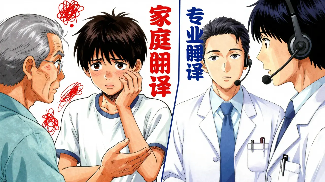 Contrast between stressed teen interpreter and calm professional, manga art