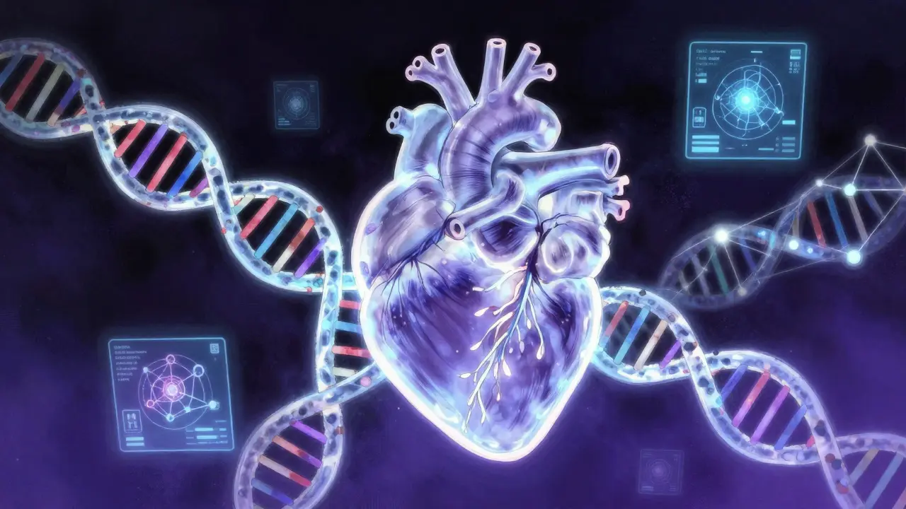 DNA helix merging with heart and AI data