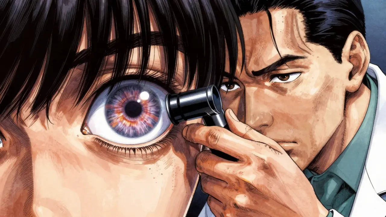 Doctor examining patient's eye with ominous reflection showing danger