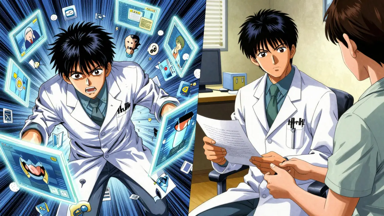 Doctor overwhelmed by alerts vs calm consultation scene