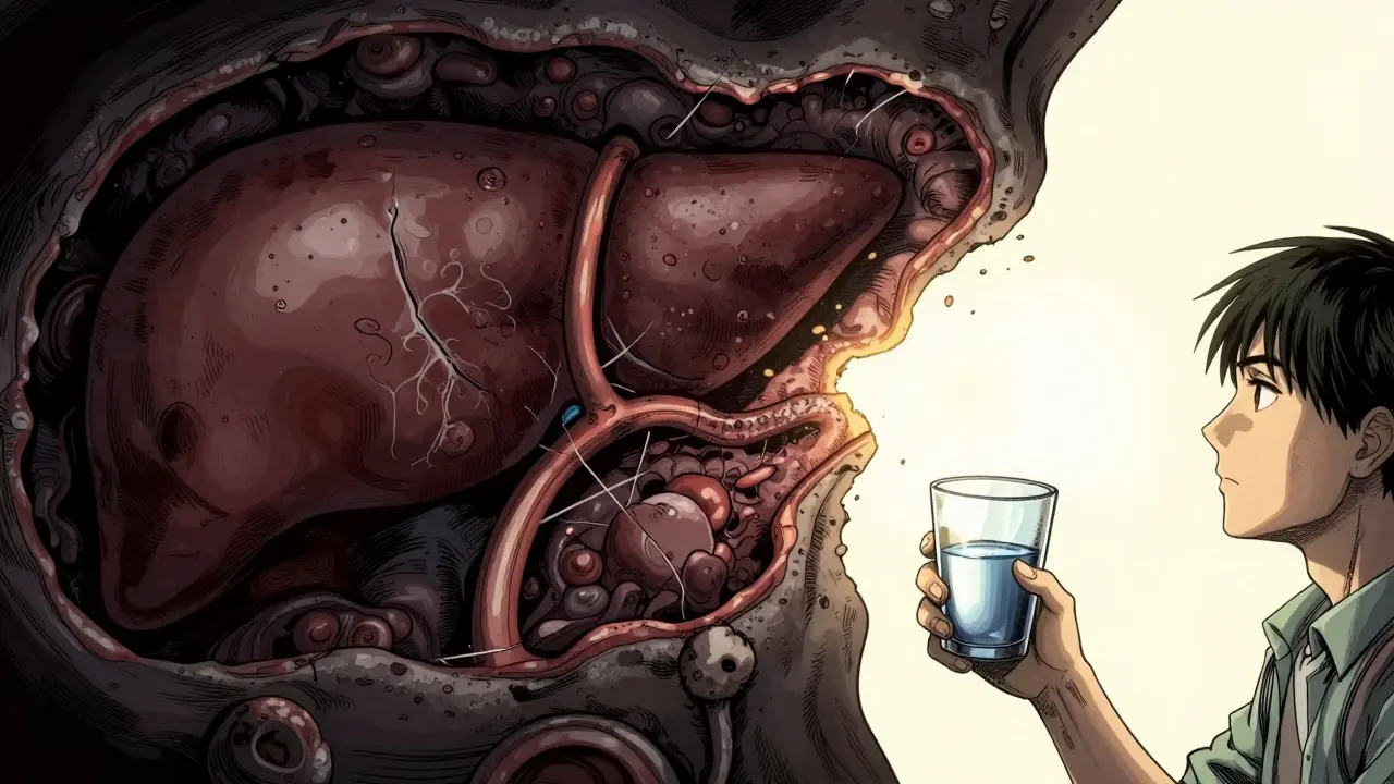Dramatic anime art contrasting scarred liver tissue with hopeful recovery light