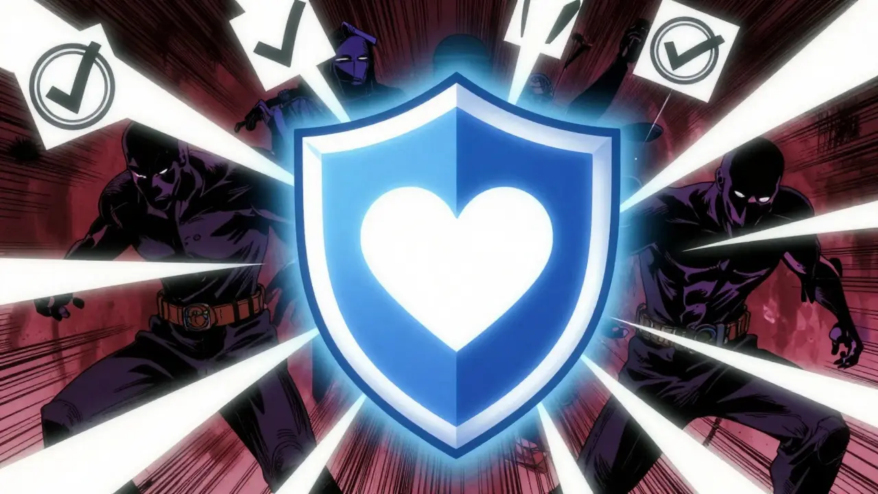 Dramatic anime art of a shield protecting a heart from dark scam figures