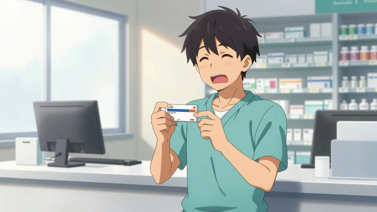 Happy patient holding medicine box after receiving prescription via telehealth