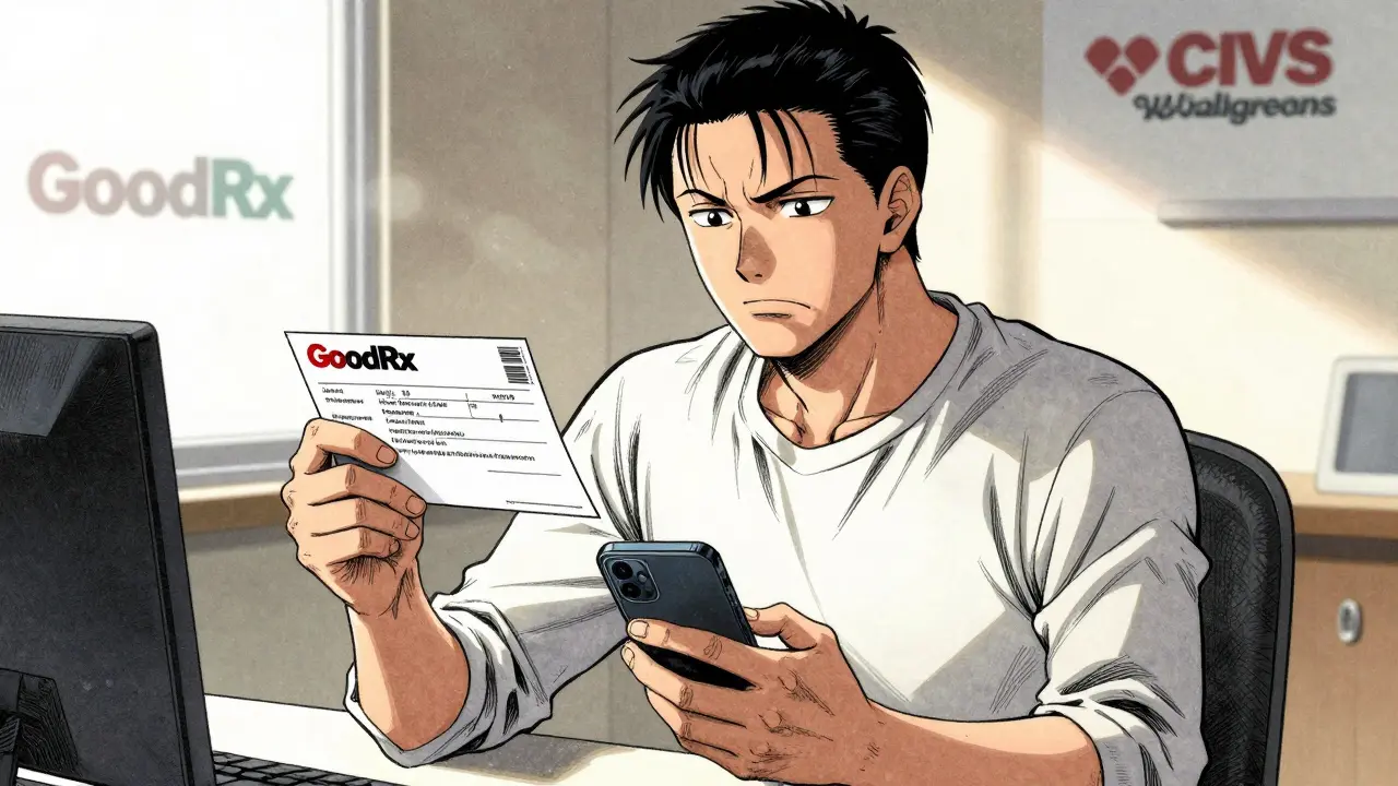 Manga character holding prescription coupon and phone, looking relieved