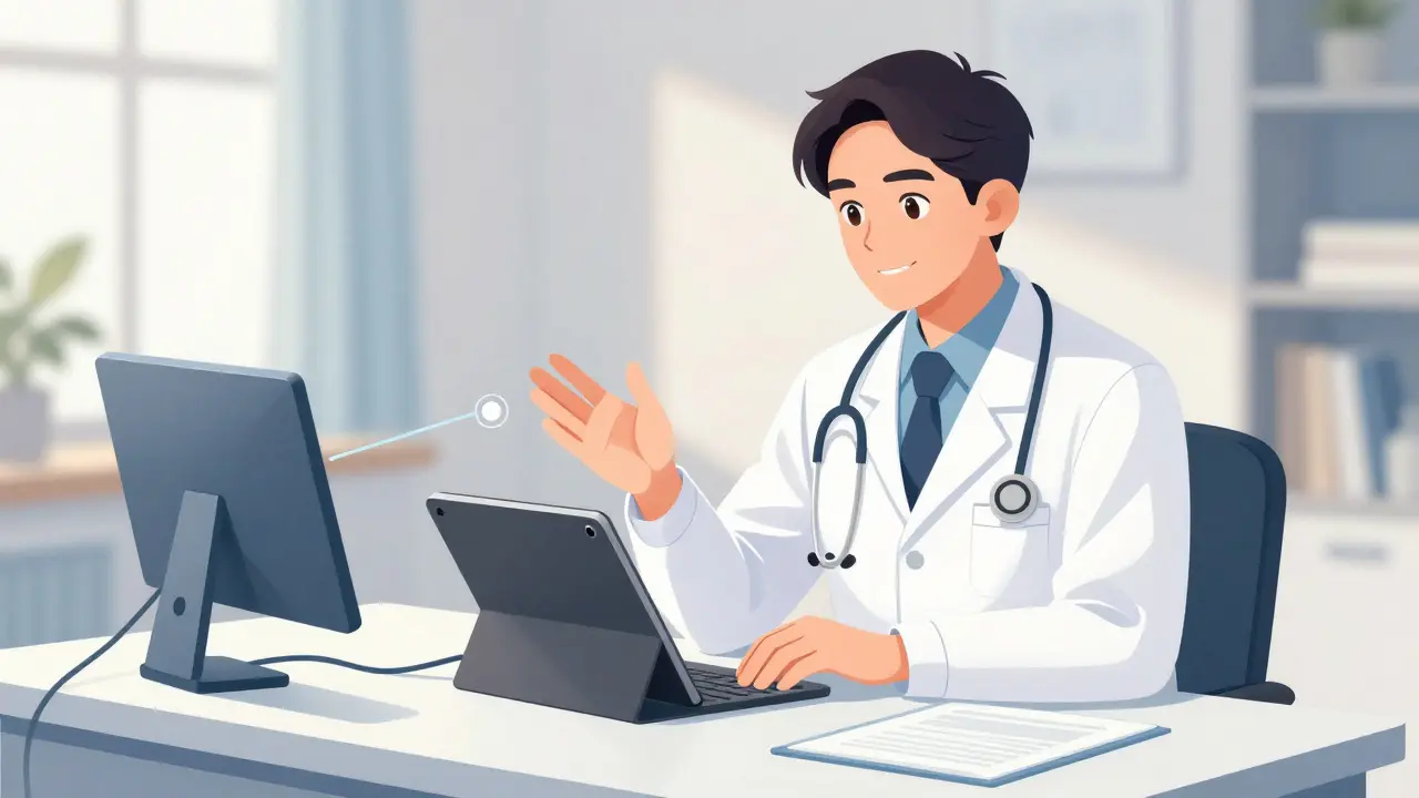 Manga style illustration of a safe telemedicine doctor consultation for a prescription.