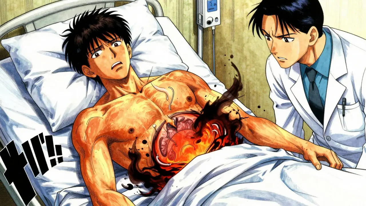 Manga style scene of a patient with jaundice and abdominal swelling from hepatitis