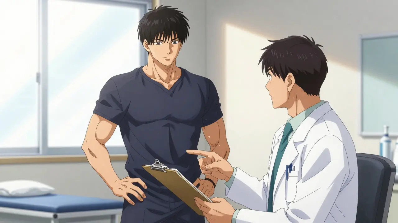 Patient and doctor collaborating in bright exam room