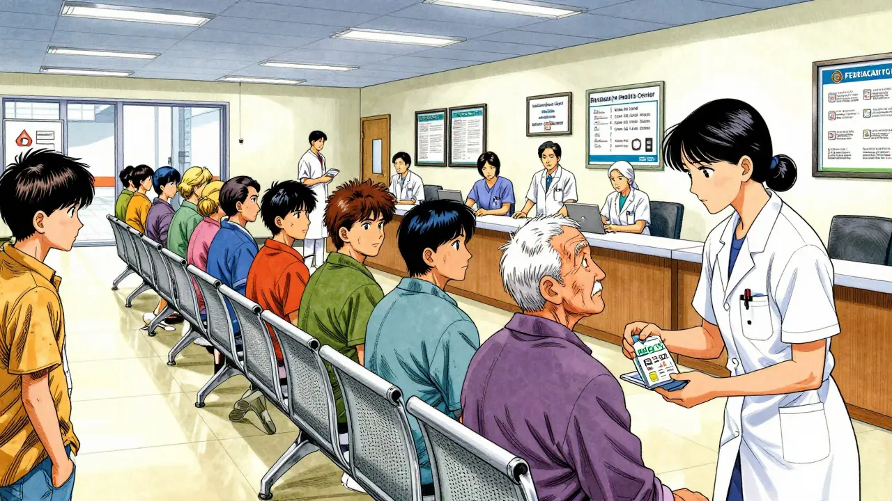 Patients receiving care and medications at a busy health center