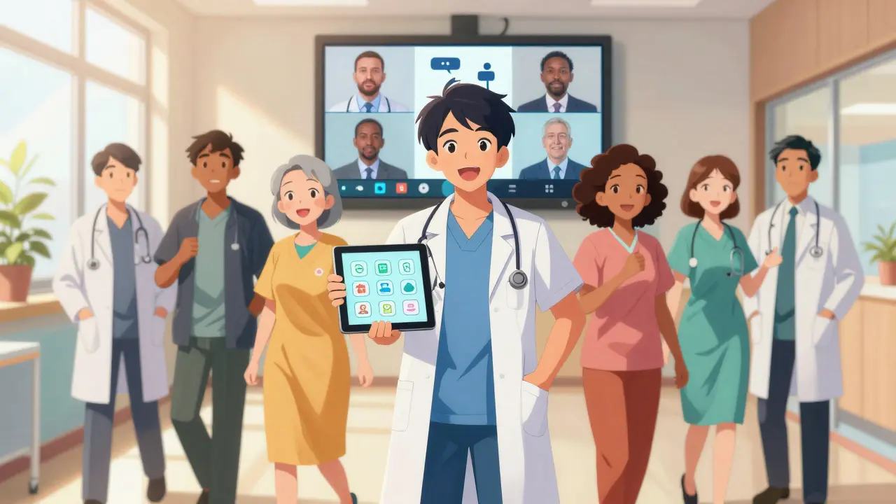 Patients using video interpretation and visual aids in hospital, anime