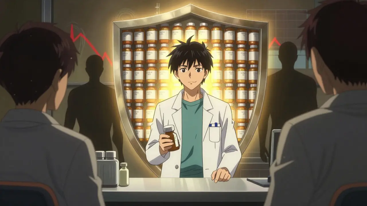 Pharmacist holding a prescription with a symbolic shield of generics behind them.