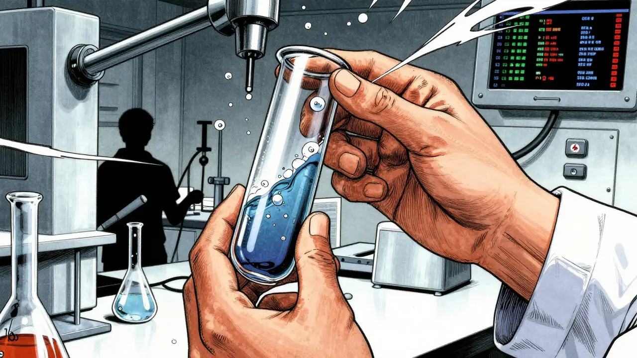 Scientist performing rigorous chemical analysis on a drug sample in a lab.