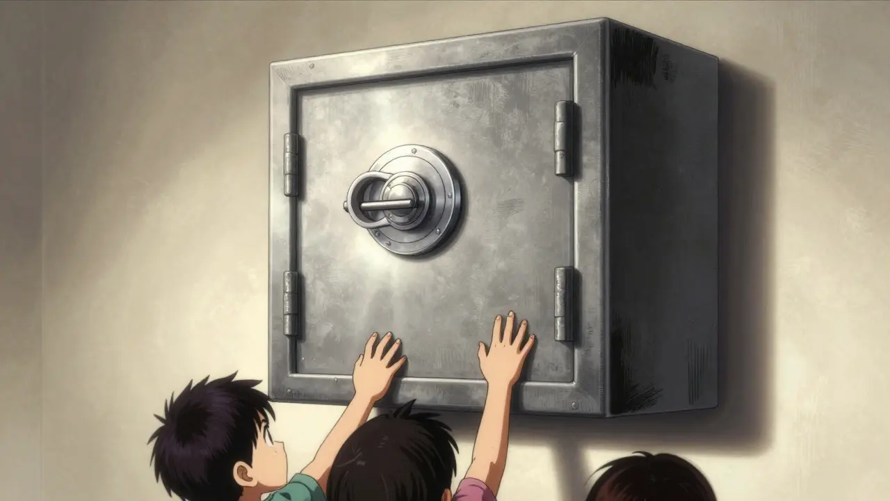 Secure locked medication safe mounted high on a bedroom wall