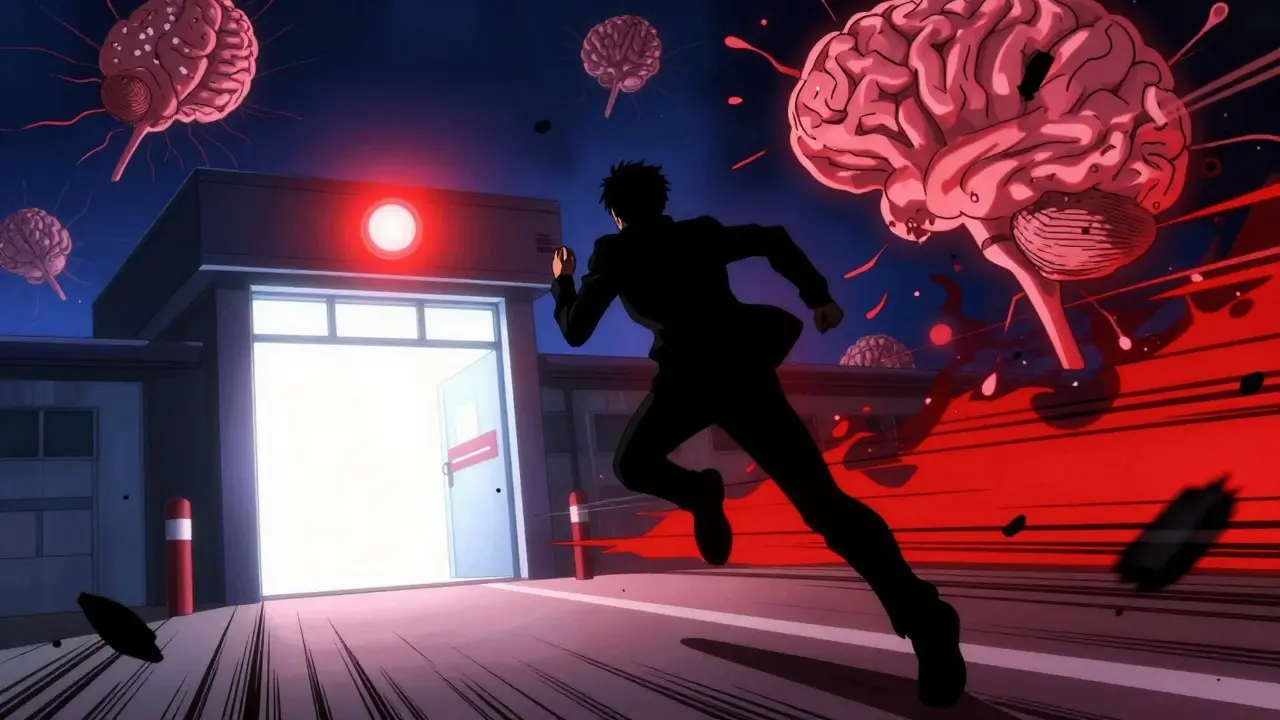 Silhouette rushing toward ER with motion lines and abstract brain imagery