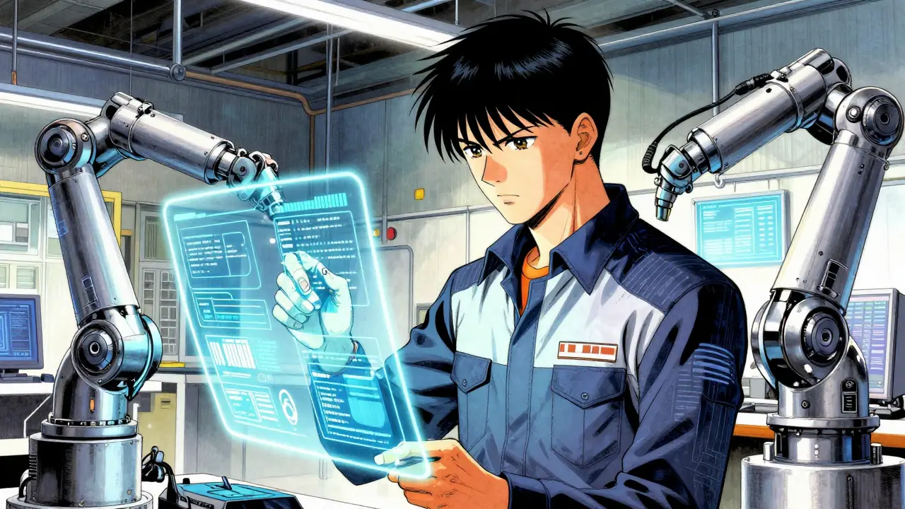 Technician using holographic tech with robotic arm