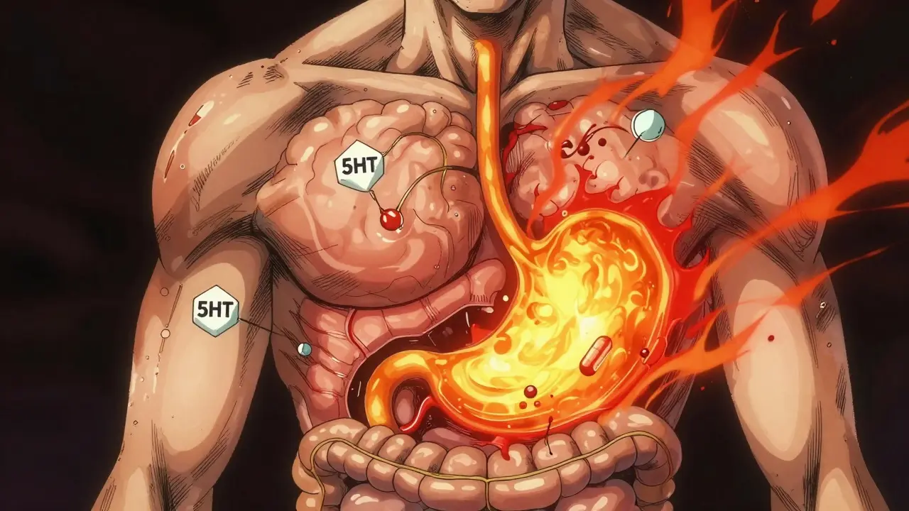 Abstract illustration of stomach turbulence and serotonin molecules