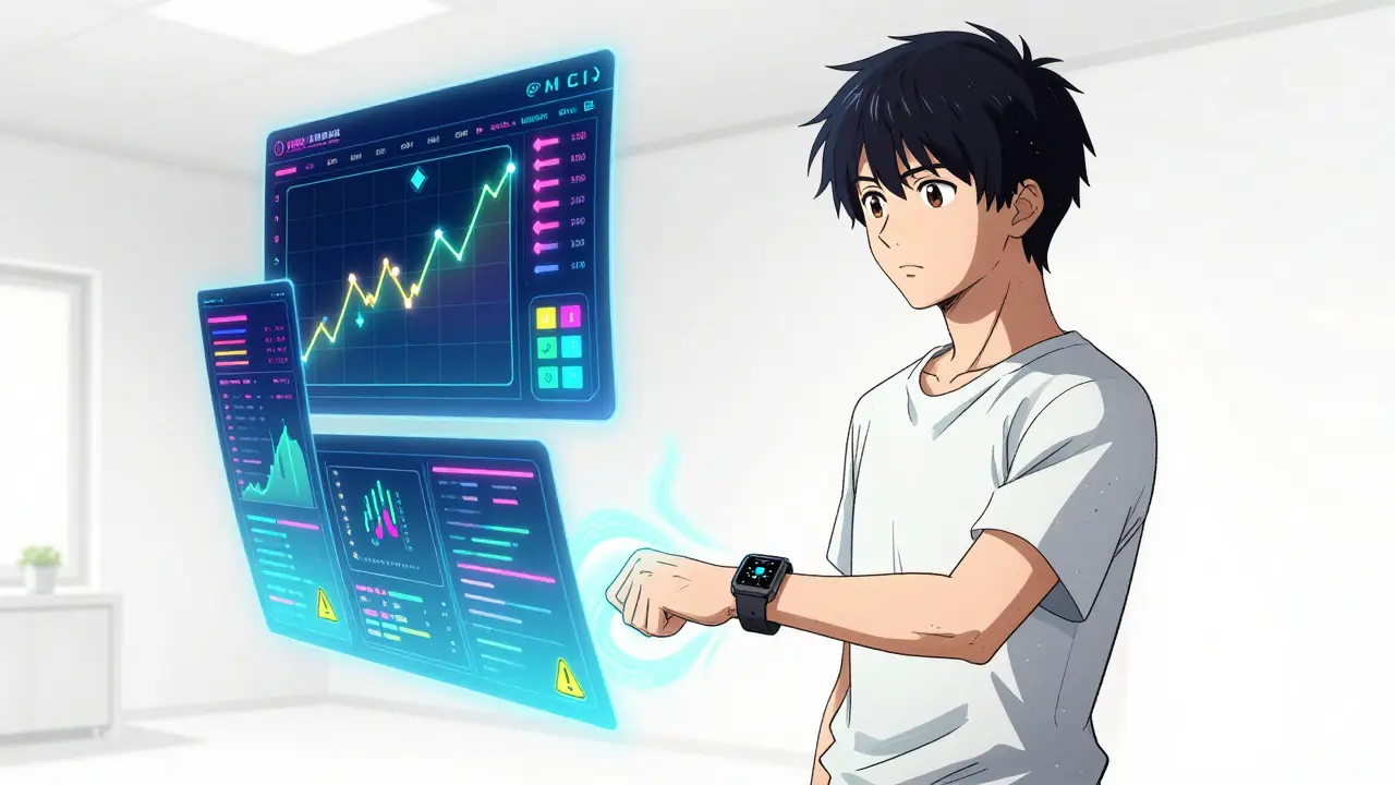 Anime art of a patient using holographic health data and smartwatch alerts