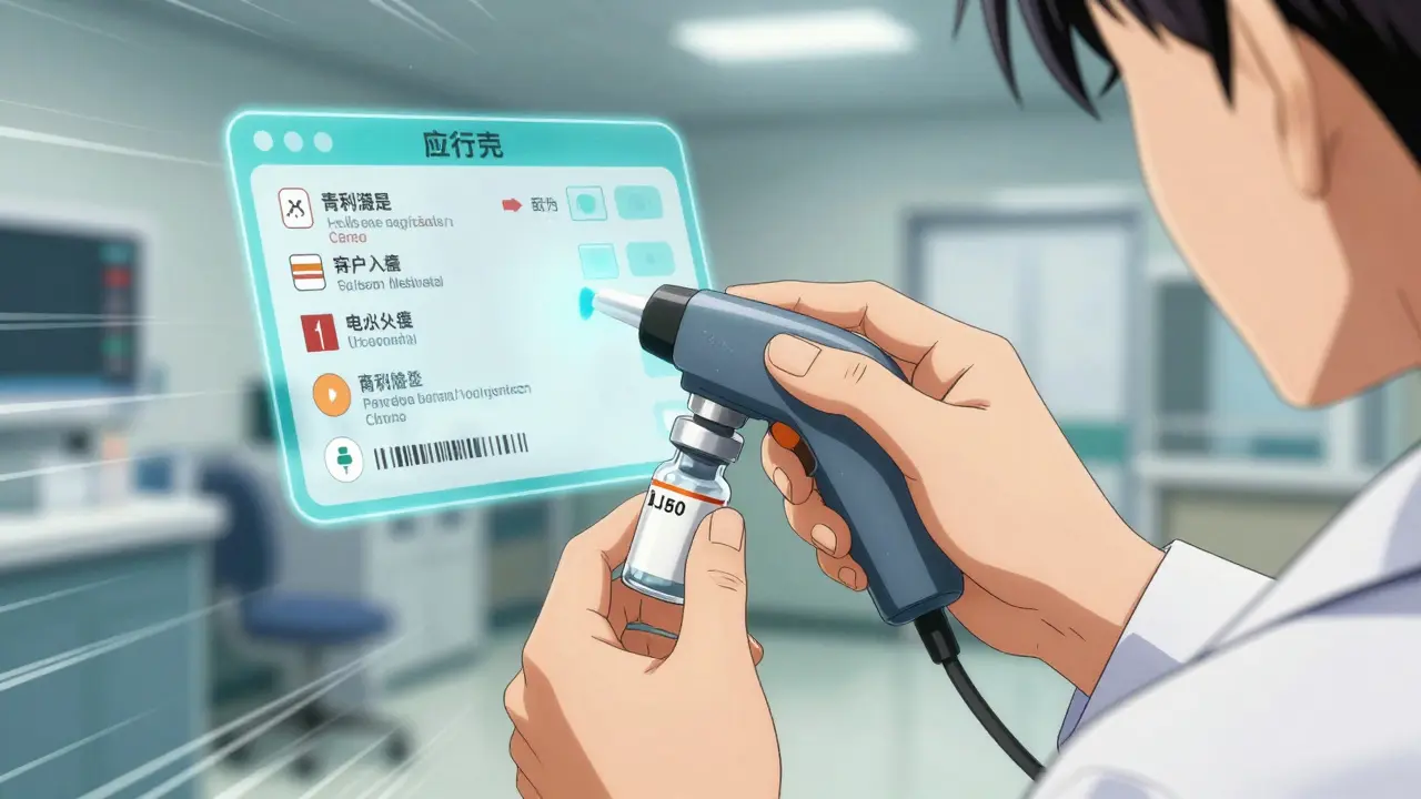 Close-up of hands scanning medication barcode with digital overlay