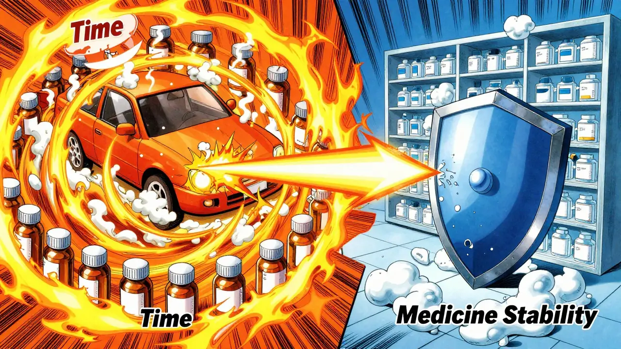 Conceptual art of heat and humidity attacking medicine
