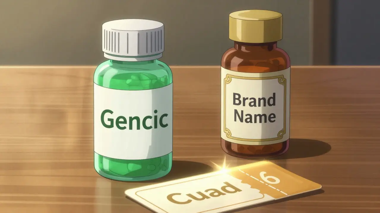 Generic vs brand medicine bottles with glowing coupon, anime