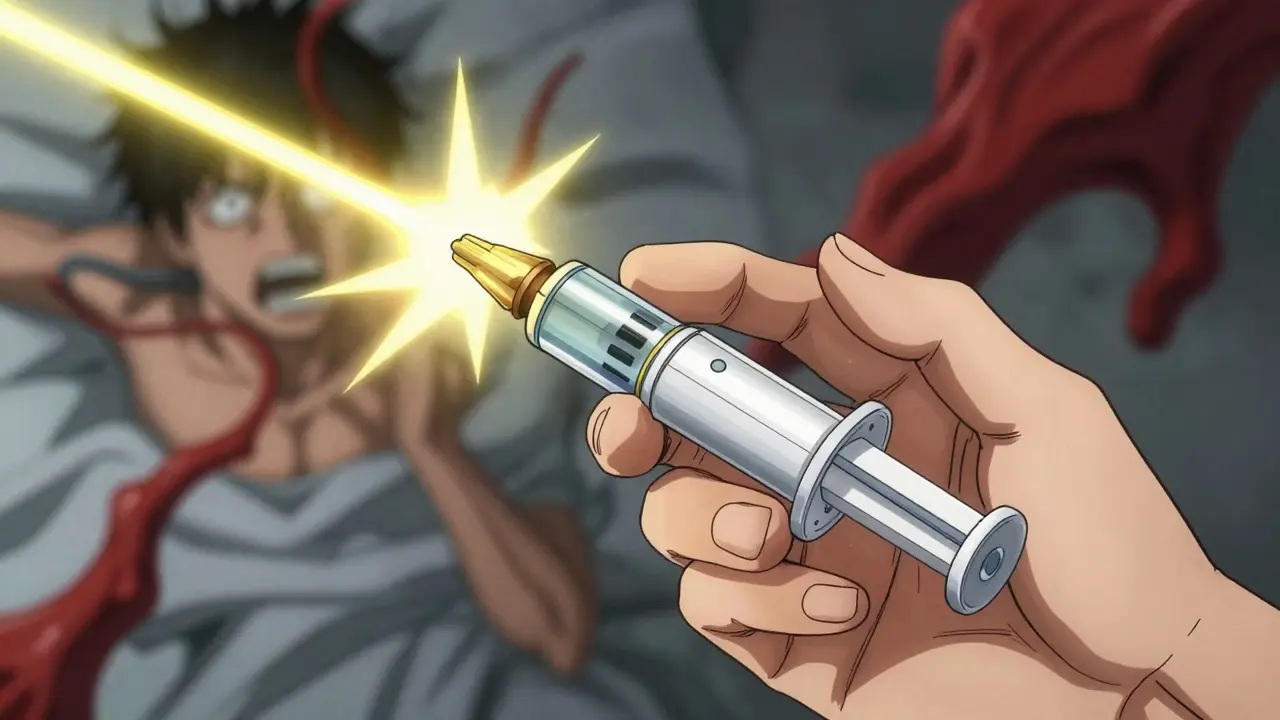 Hand holding epinephrine injector in manga style
