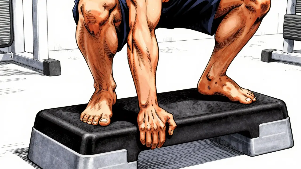 Manga artist performing eccentric heel drop exercises