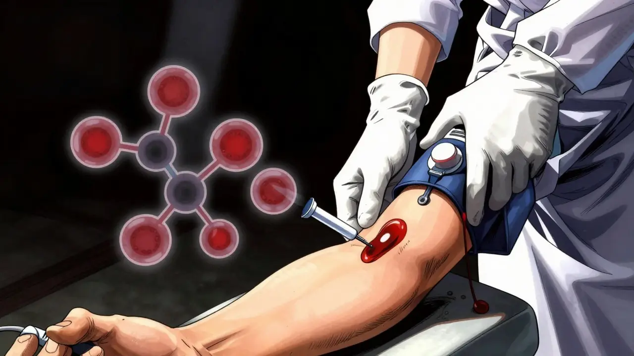 Manga illustration of a blood draw with molecular overlays showing drug levels