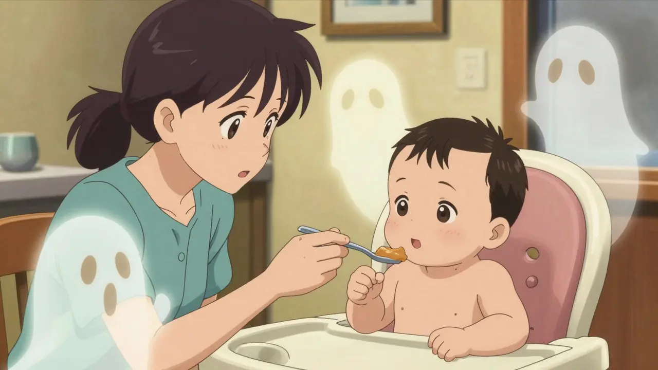 Mother introducing peanuts to baby in anime style