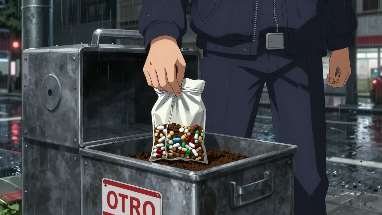 Person disposing meds in take-back box safely