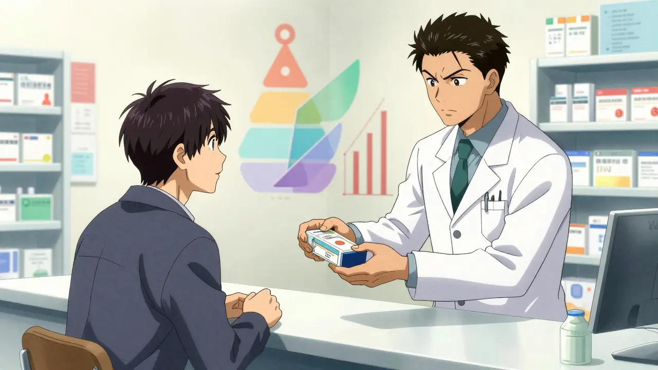 Pharmacist handing pills to patient in dynamic anime art